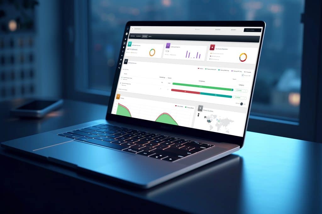 a laptop on a table with different types of data metrics on the screen