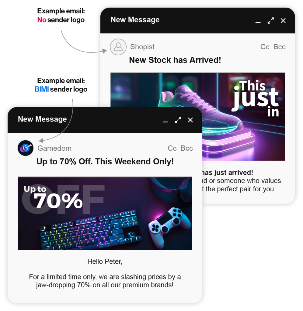 Examples Of A Bimi Email With A Bimi Brand Logo And A Non-Bimi Email With No Logo