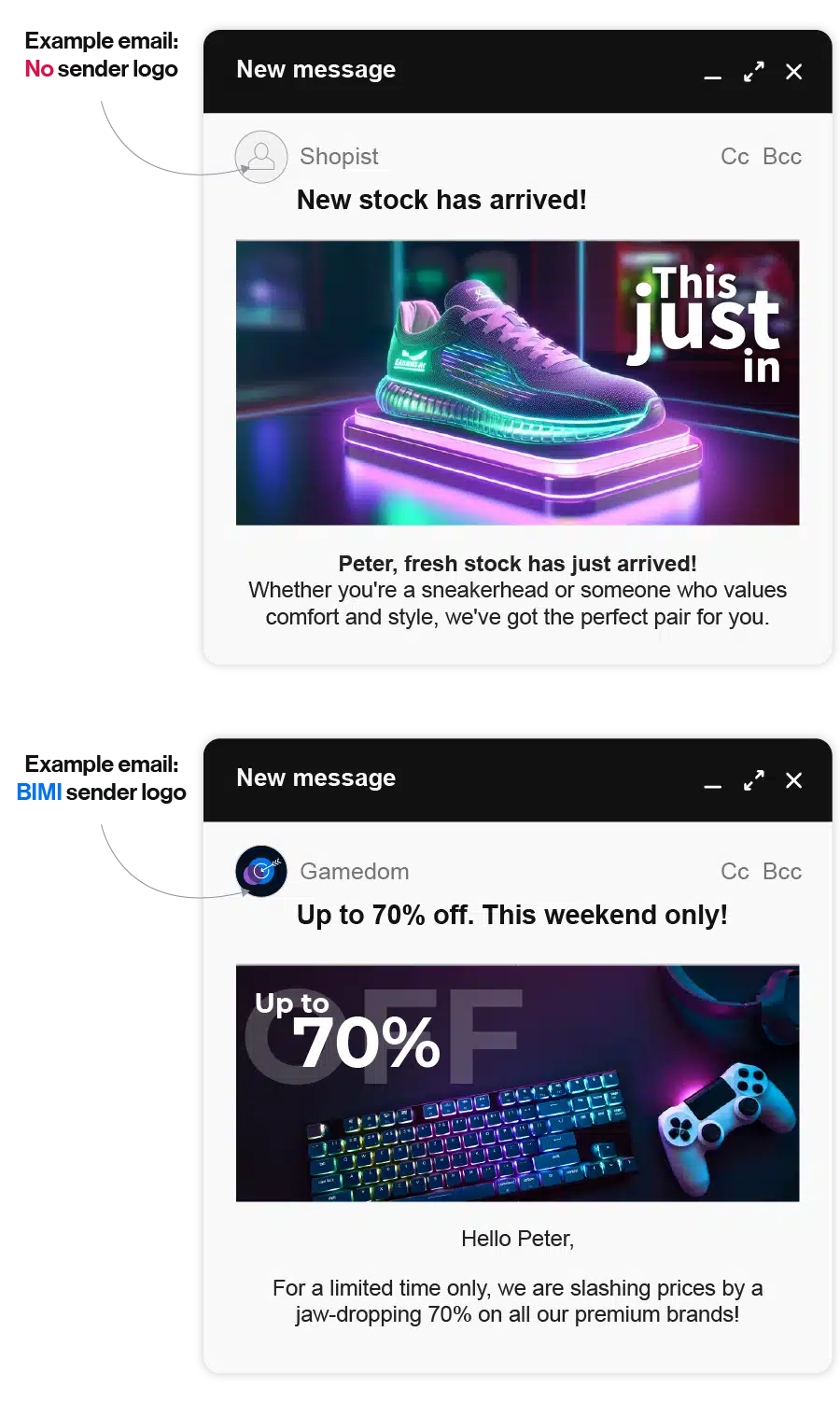 Examples Of A Bimi Email With A Bimi Brand Logo And A Non-Bimi Email With No Logo