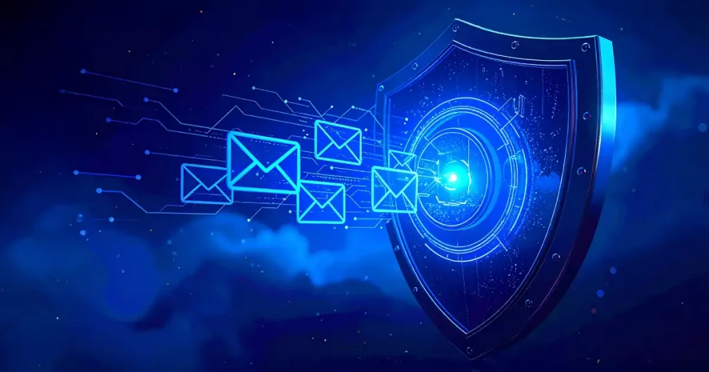 Blue Shield With Email Envelopes Moving Toward It