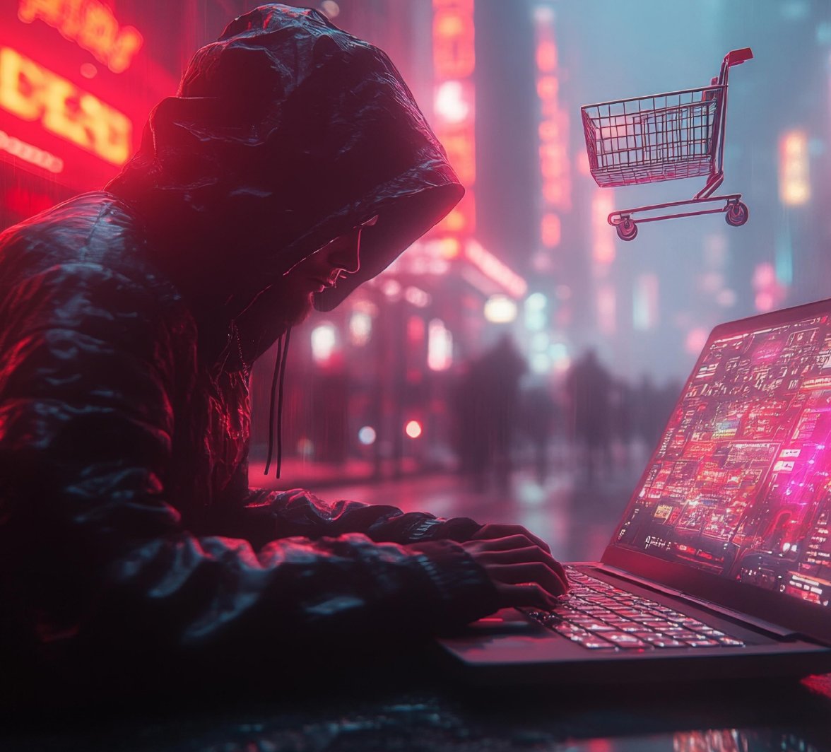 A cybercriminal uses a laptop and targets holiday shoppers. A shopping cart is displayed above, a warning of the threat.