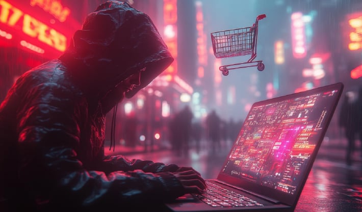 A cybercriminal uses a laptop and targets holiday shoppers. A shopping cart is displayed above, a warning of the threat.