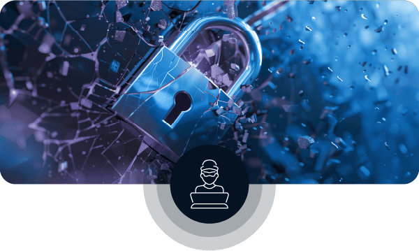 A Lock Shattering Glass, With A Dark Blue Circle And Shadows Behind It, Featuring The White Outline Of A Person On A Computer In The Centre The Icon Located At The Bottom Center Of The Image