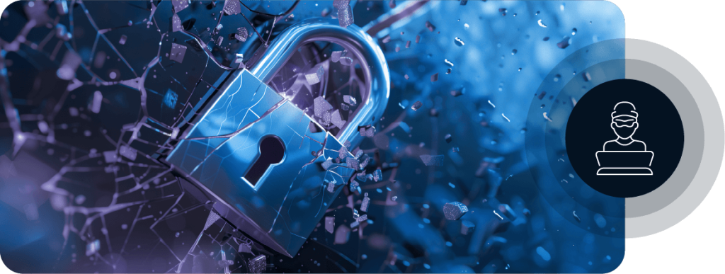 A Lock Shattering Glass, With A Dark Blue Circle And Shadows Behind It, Featuring The White Outline Of A Person On A Computer In The Centre The Icon