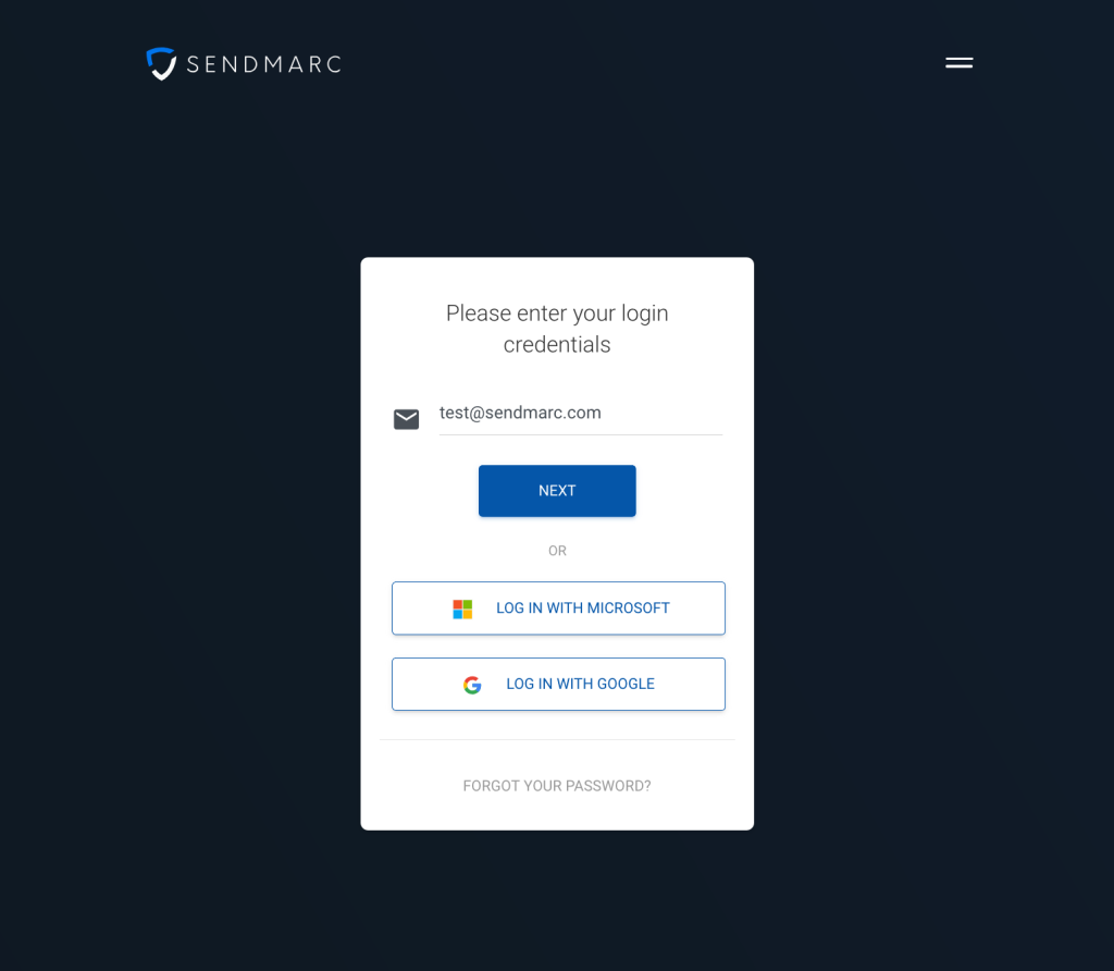 Sendmarc login page with Single Sign-On (SSO) options.