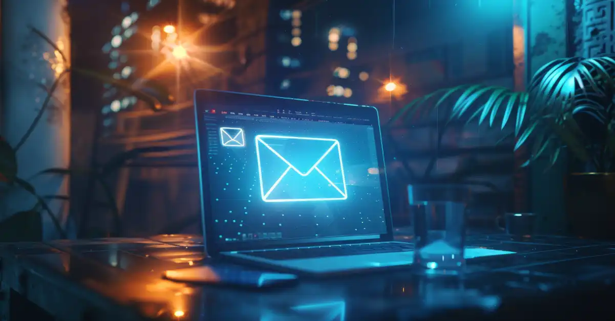 Email icon on a laptop screen on a desk at night