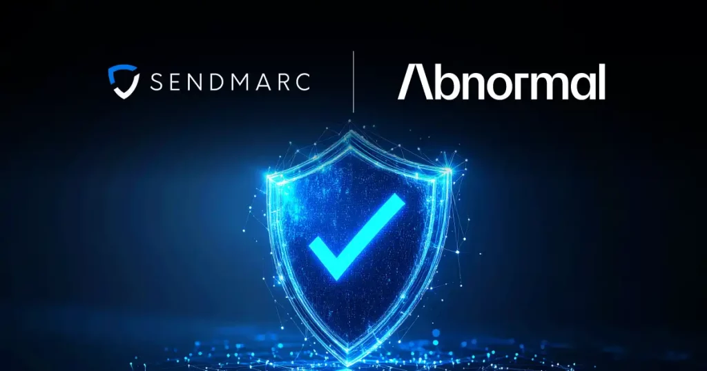 Sendmarc And Abnormal Logos Above A Shiny Digital Shield With A Check Mark