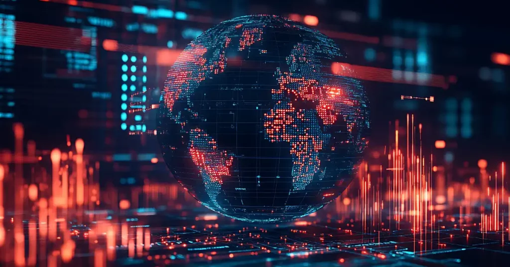 Red And Dark Blue Digital Globe Floating In Cyberspace