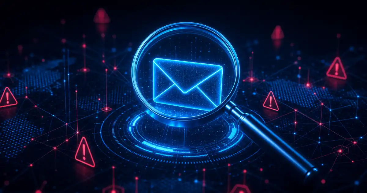 A magnifying glass over an email envelope in a digital cyber environment that represents DMARC monitoring