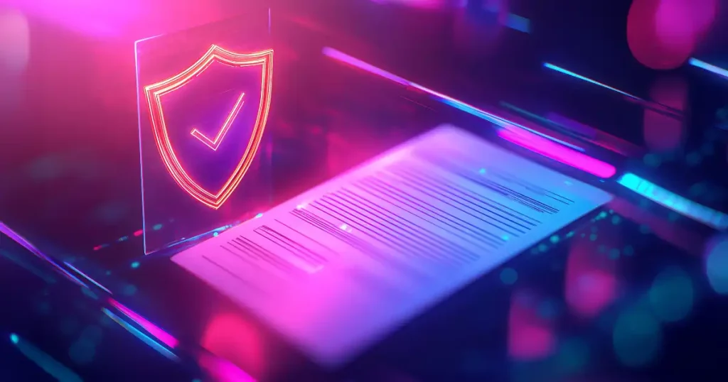 Pink And Blue Image Of A Shield Containing A Checkmark Next To A Digital Document