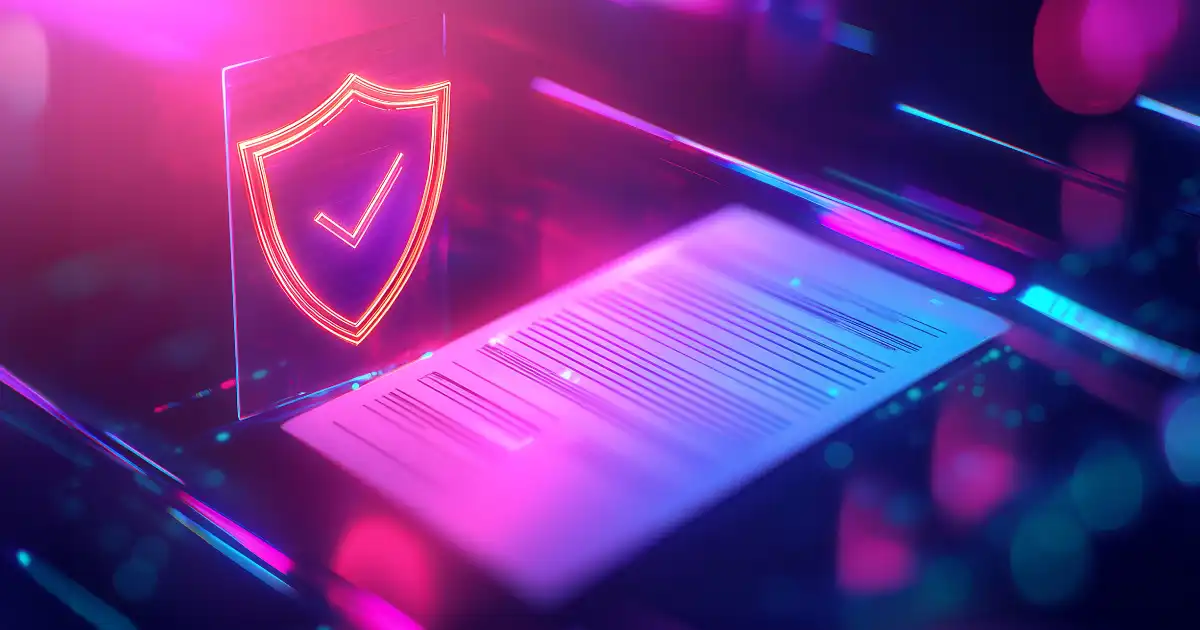 Pink and blue image of a shield containing a checkmark next to a digital document