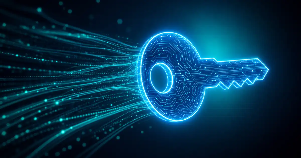 A blue digital key in cyber space with data lines flowing behind it