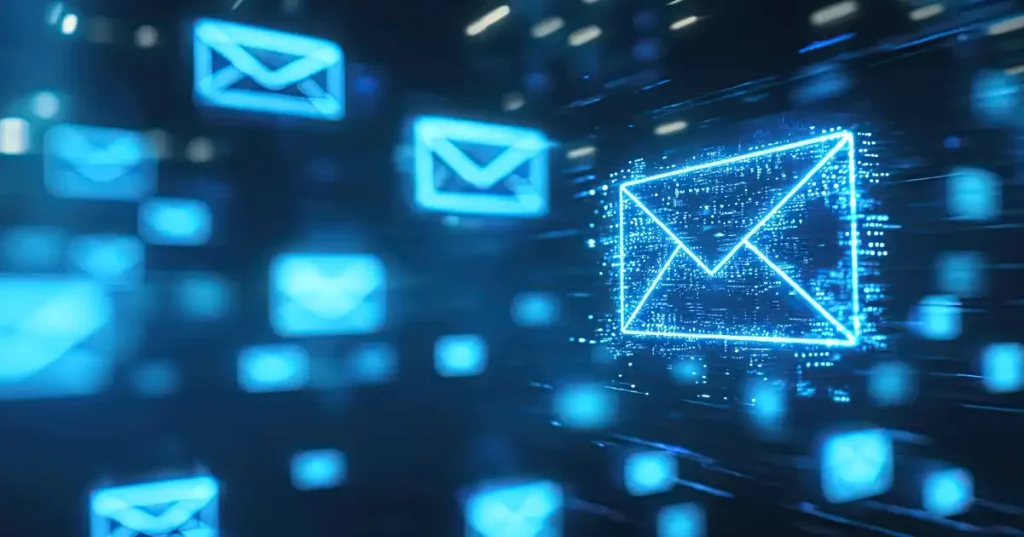 Blue Email Envelope Icons Floating In Cyberspace