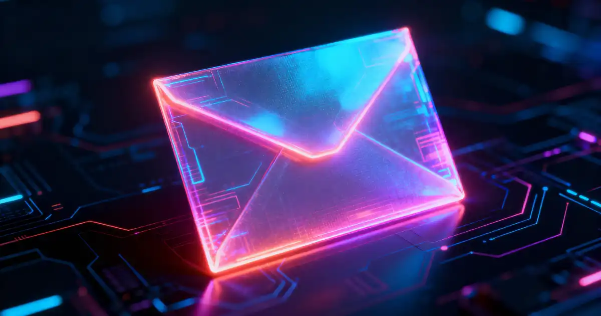 Sobre de correo electrónico digital en tonos rosa y azul brillantes