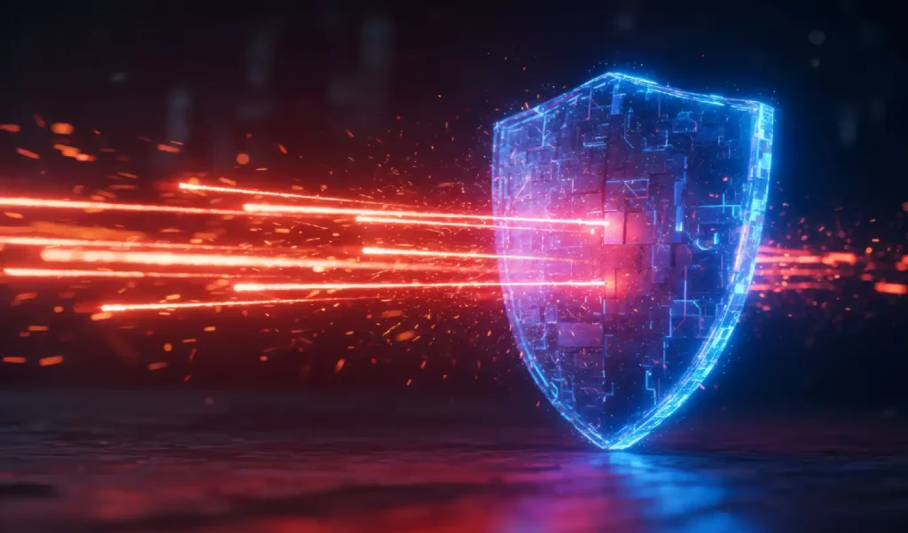Digital Shield With Red Flares Passing Through