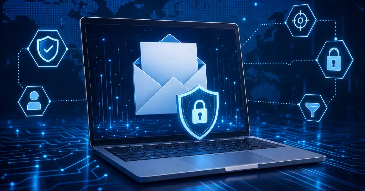 Email envelope on a laptop with a shield