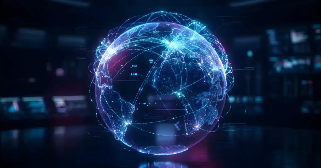 Digital Earth With Bright Glowing Highlights And Digital Networks