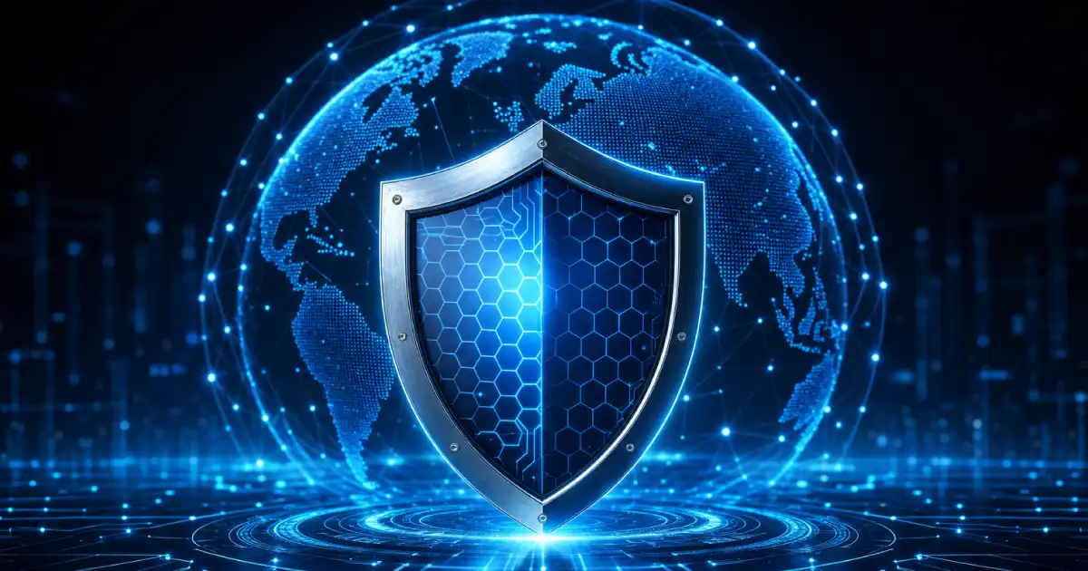 Digital shield over a globe in a digital environment