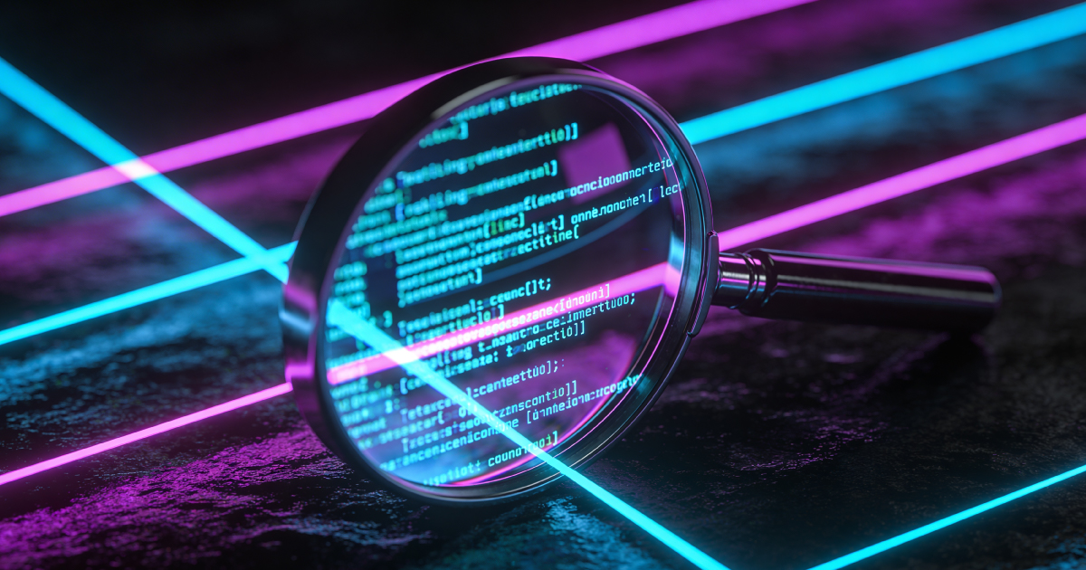 Magnifying glass inspecting digital code and records