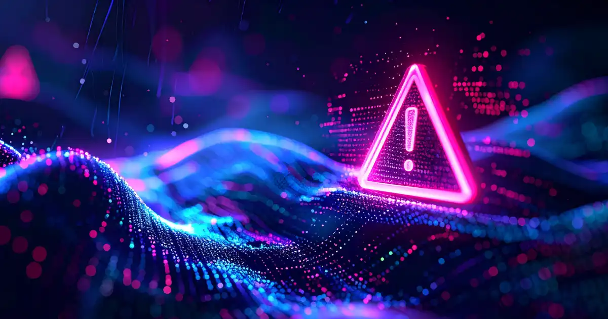 Icono de alerta digital en rosa neón en un entorno cibernético