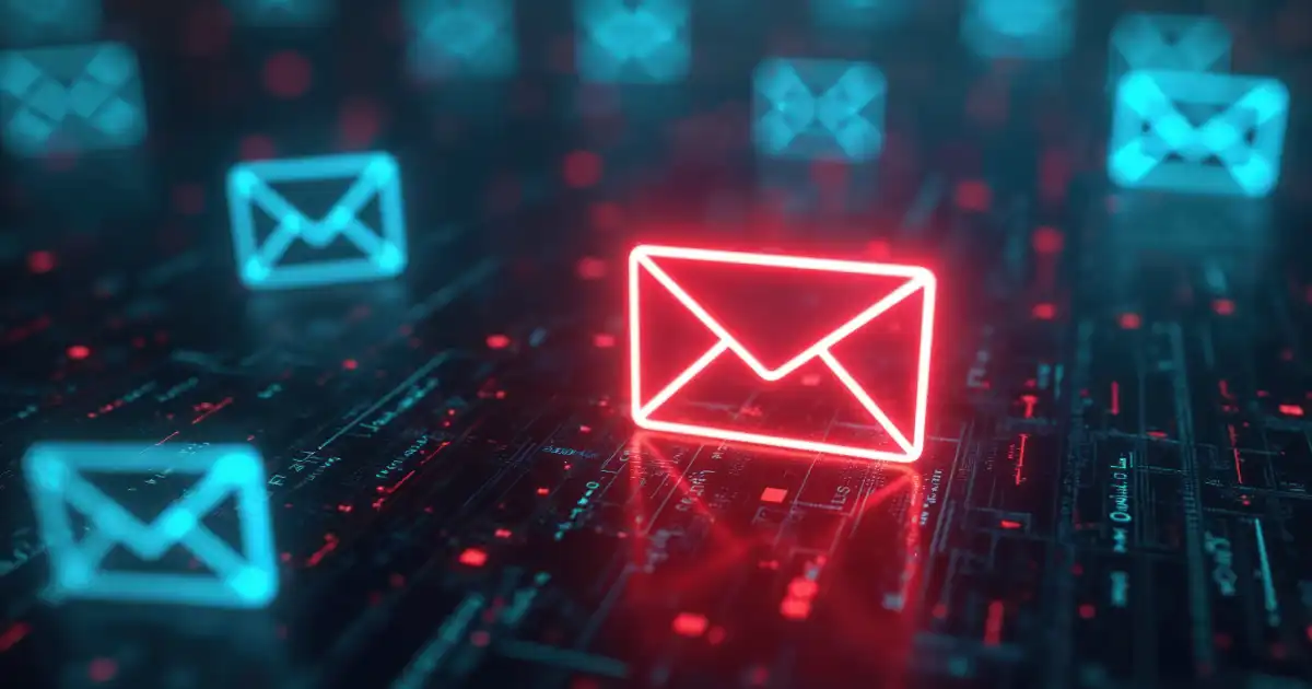 Red email envelope alongside blue email envelopes in a digital environment