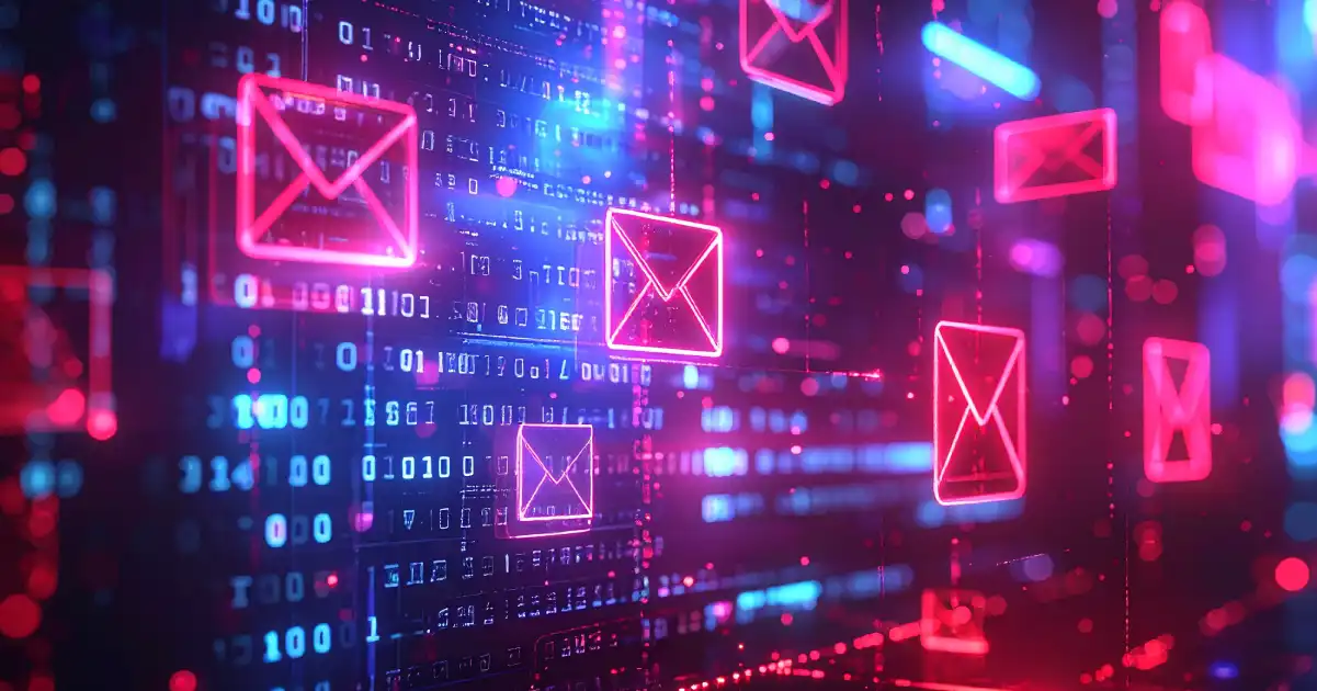 Bright pink email envelopes floating in cyberspace
