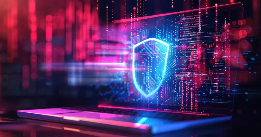 Bright Neon Blue Shield Shining From A Laptop Screen In A Digital Environment