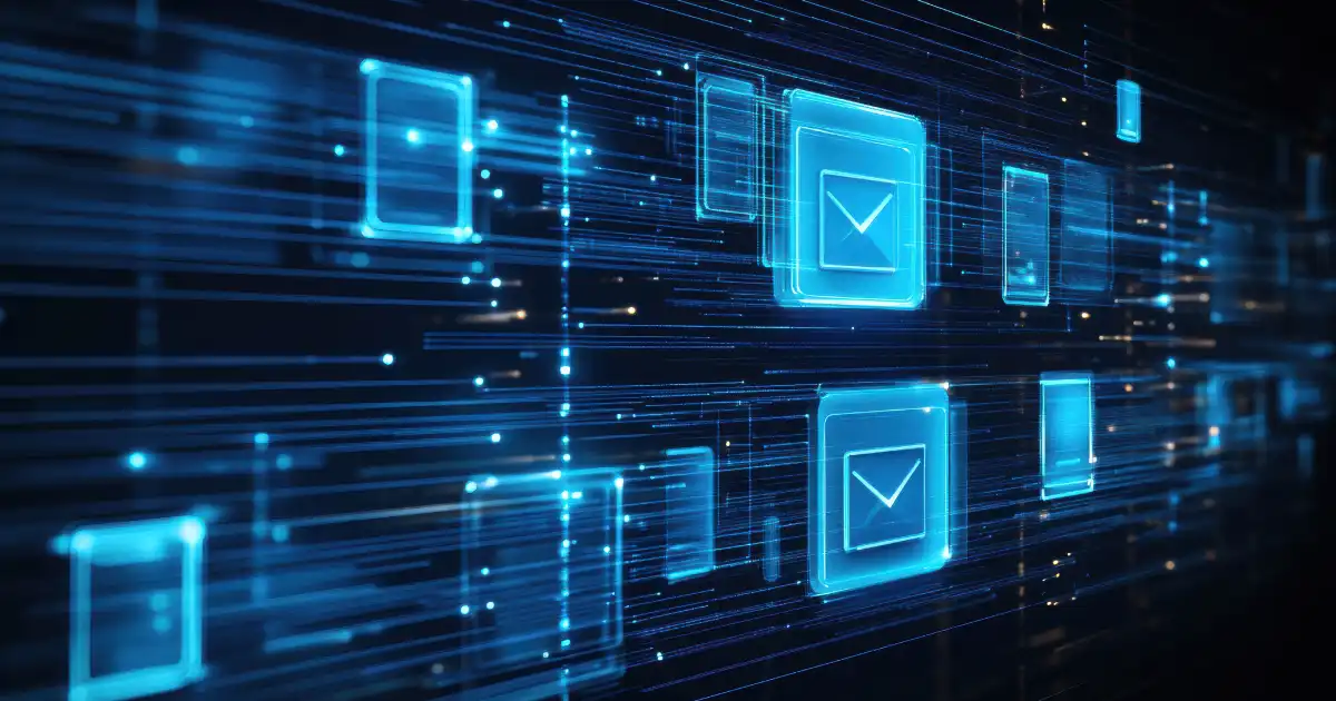 Blocks of data and email envelopes floating in a digital environment