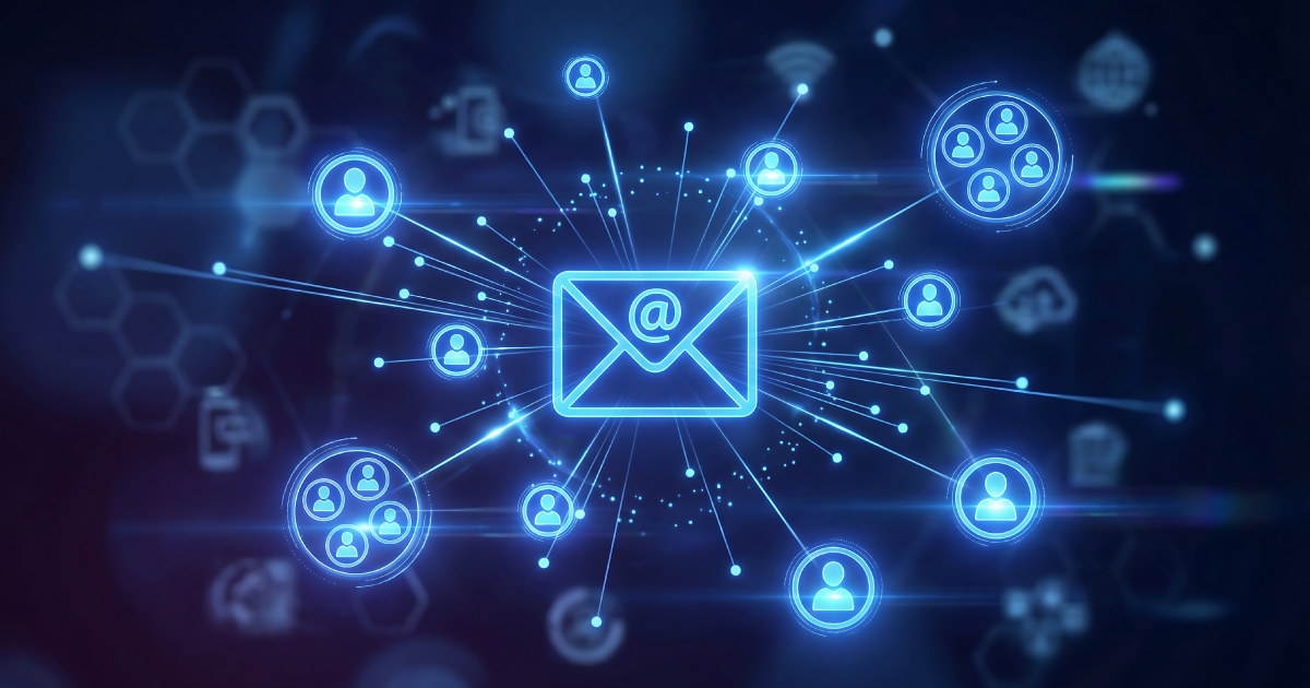 Email envelope with an @ sign and sender icons around it in a digital environment