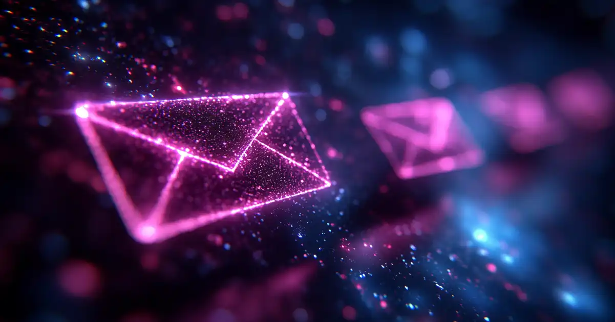 Bright pink email envelopes floating in a row in a digital environment