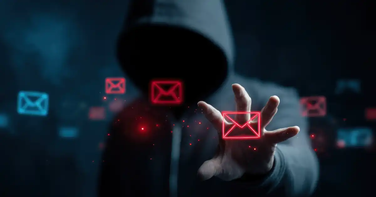 Hooded hacker with a red email envelope