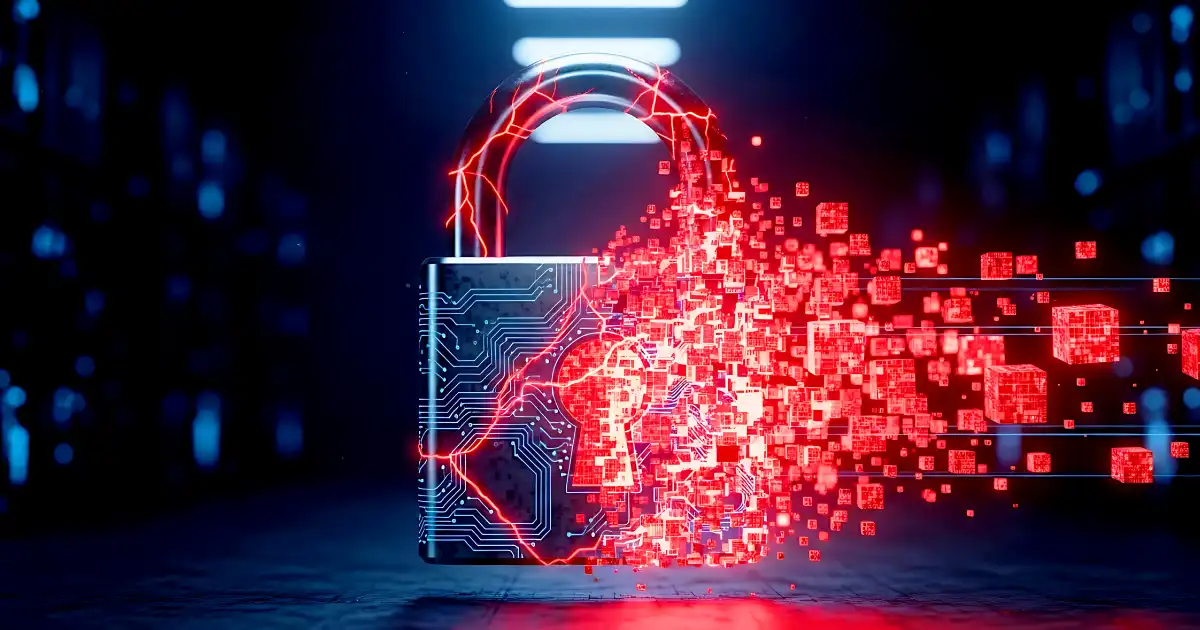 Blue and red crumbling digital padlock