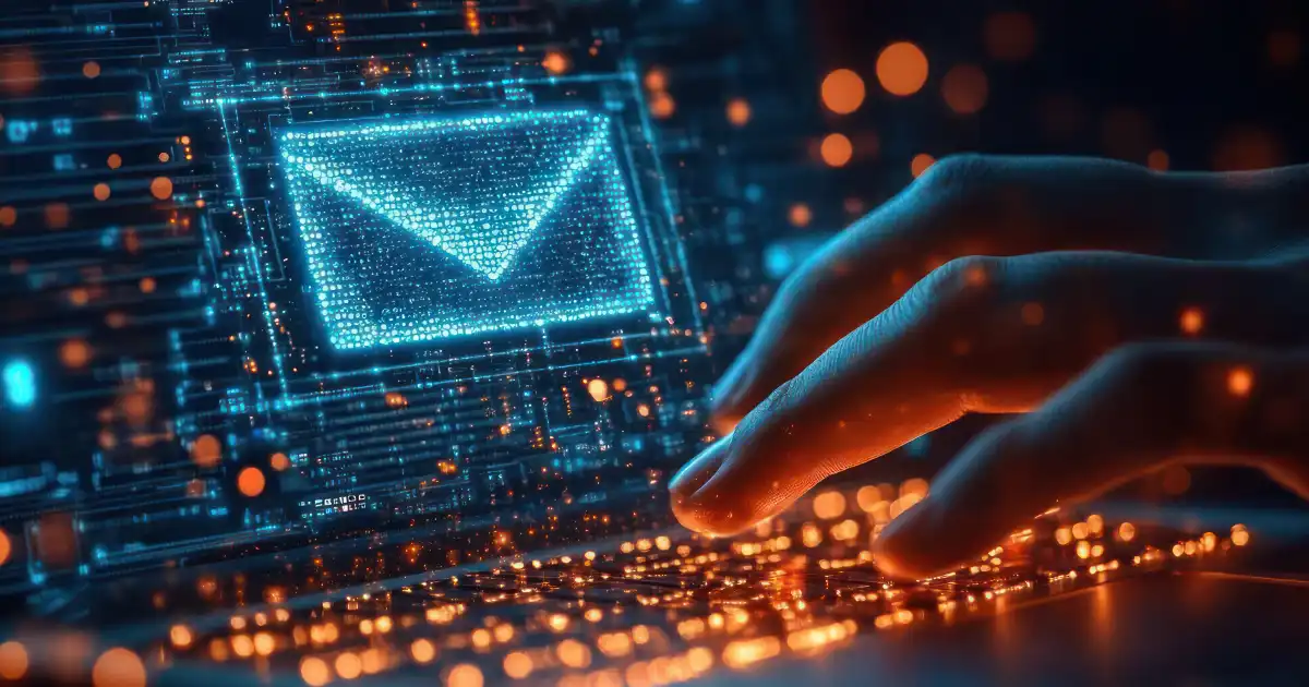 Blue email envelope on a laptop with a hand typing