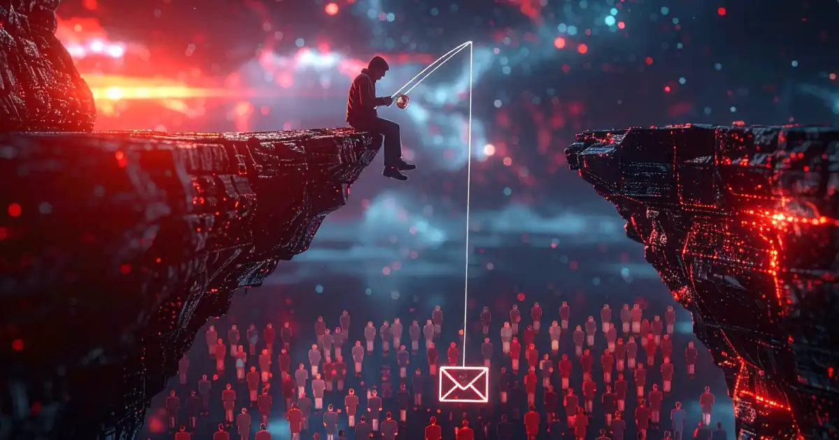 Man sitting on the edge of a cliff phishing with an email envelope