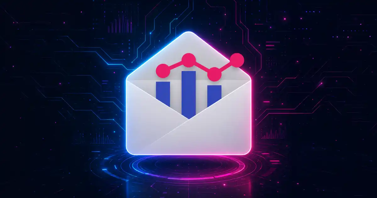 Fondo digital azul y rosa con el logotipo de Google Postmaster Tool en el centro