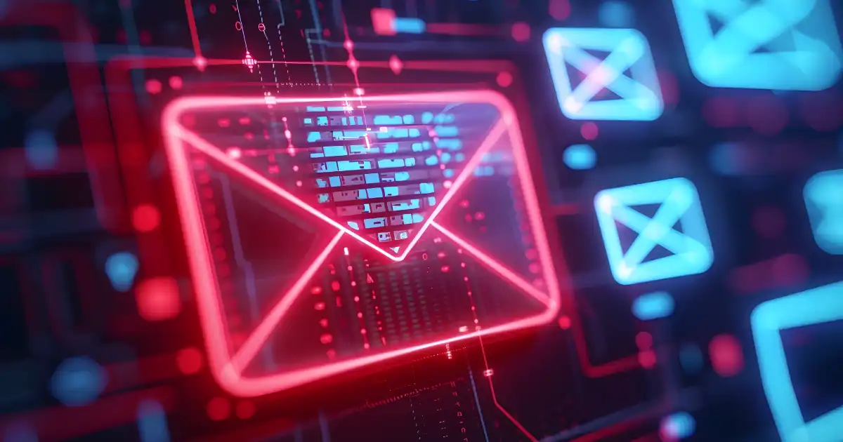 Red digital email icon with smaller blue email icons in a cyber environment
