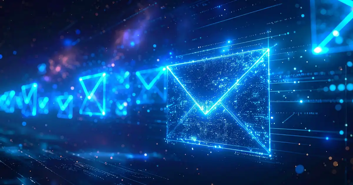 Blue envelopes floating in cyberspace in a row