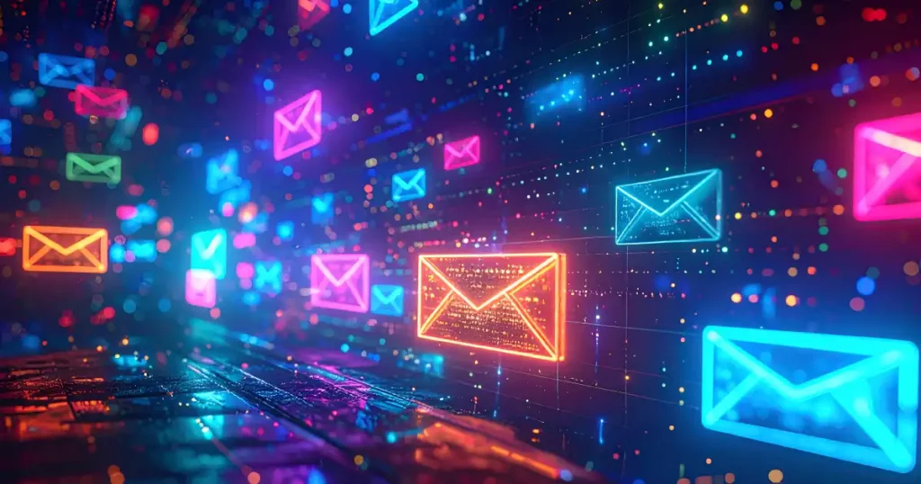Bright Neon Email Envelopes Flying Through Cyberspace
