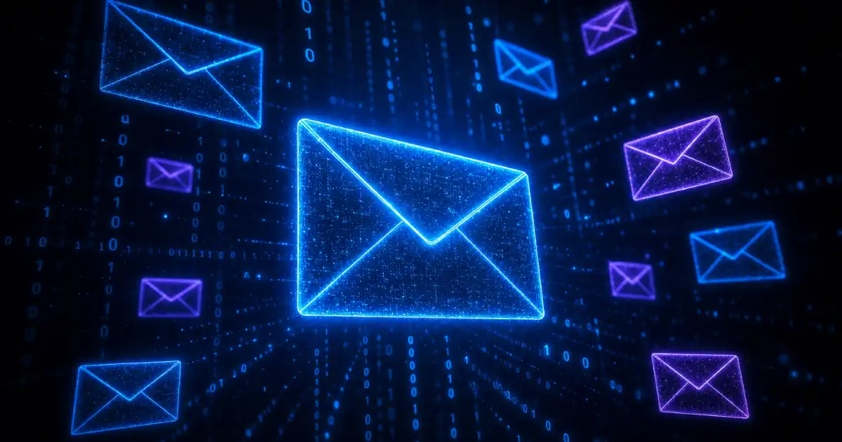 Purple and blue email envelopes floating in cyber space with binary code in the background