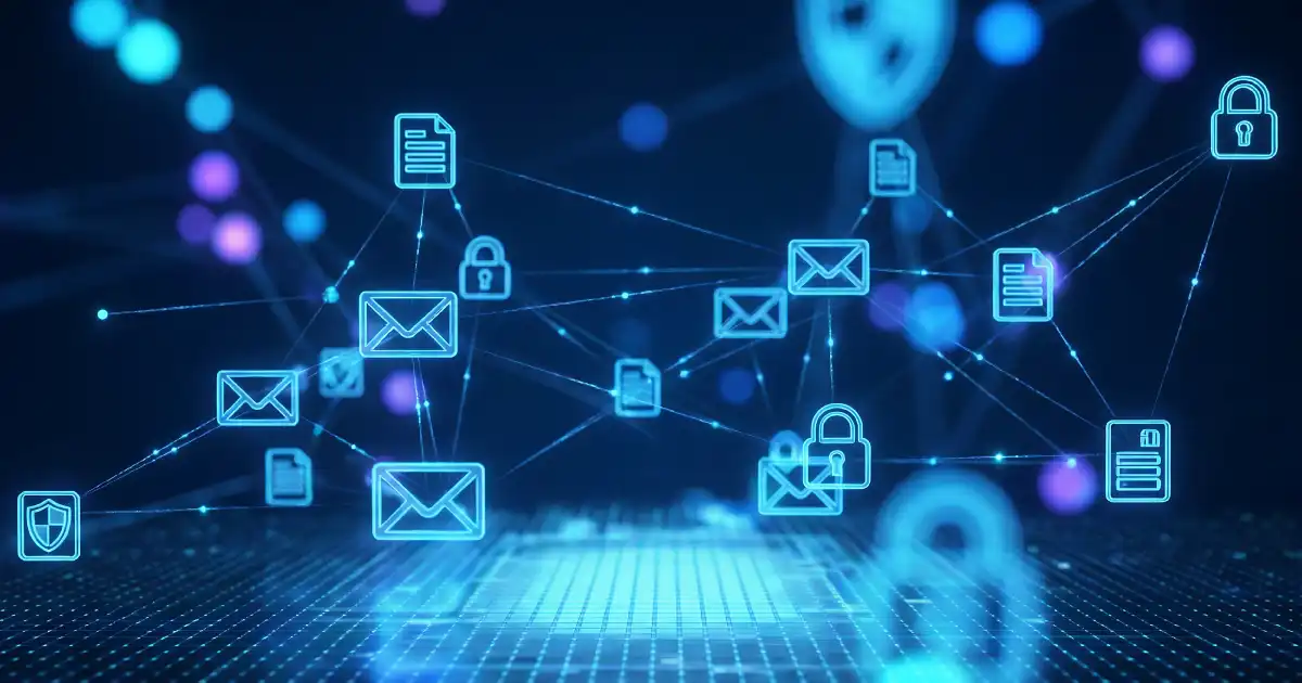 Blue and purple digital network with email envelopes and padlocks