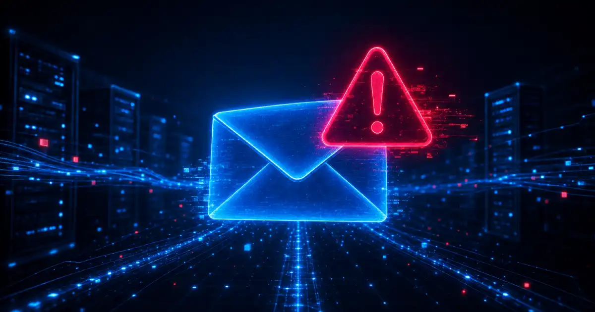 Blue email icon in cuber space with a red alert sign