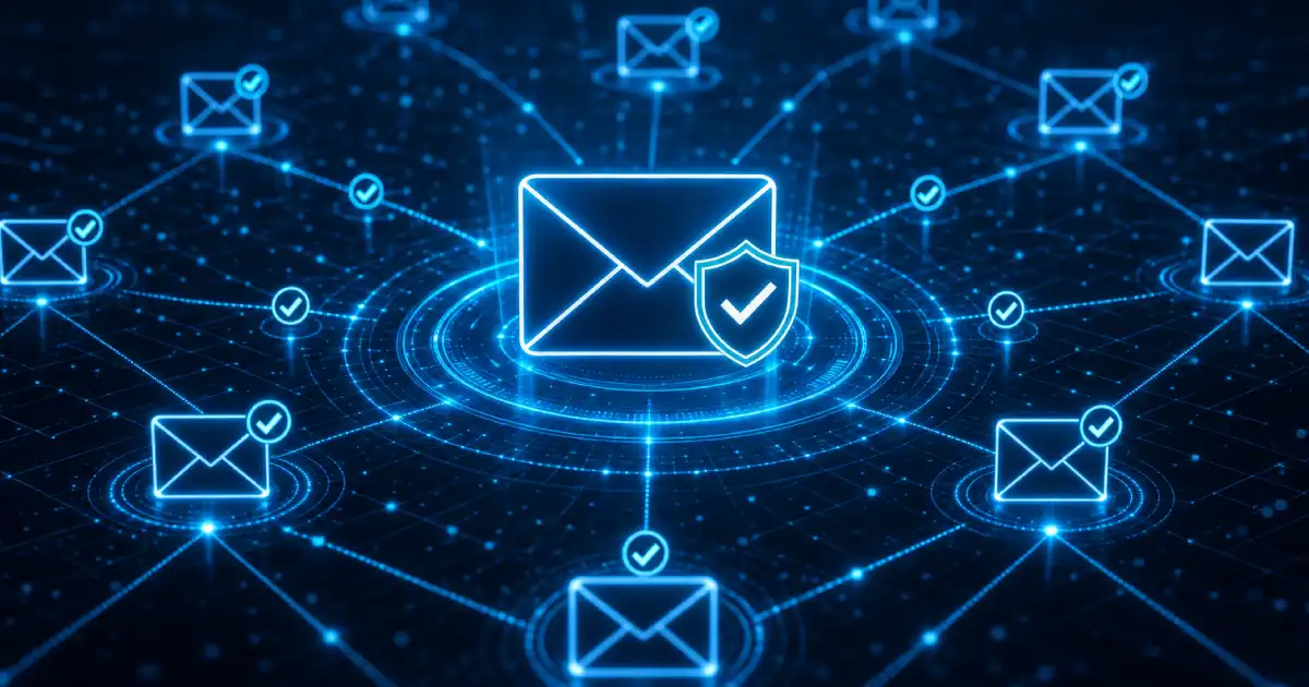 Blue email envelopes with check marks in a cyber network