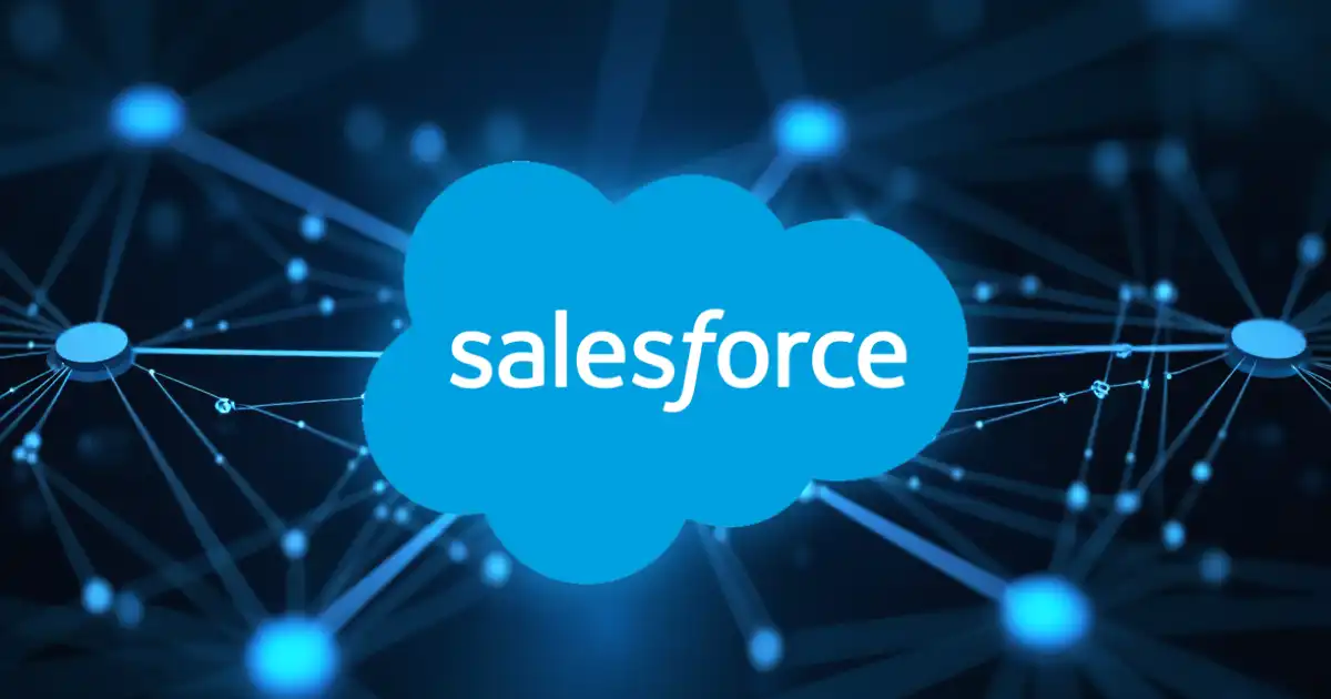 Salesforce logo in a blue digital environment with network connections