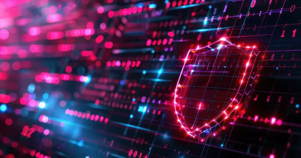Digital Shield On A Bright Pink And Navy Binary Background Background