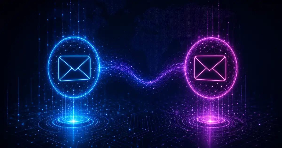Blue and pink email icons in a cyber environment