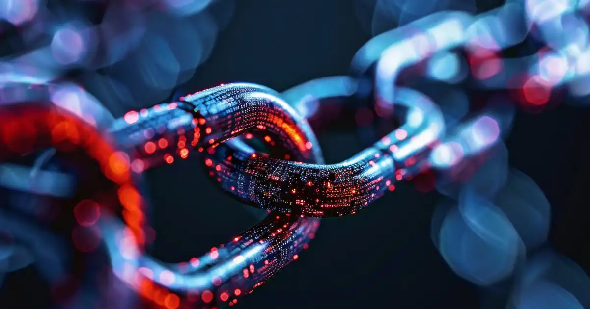Binary code on a chain with red and dark tones