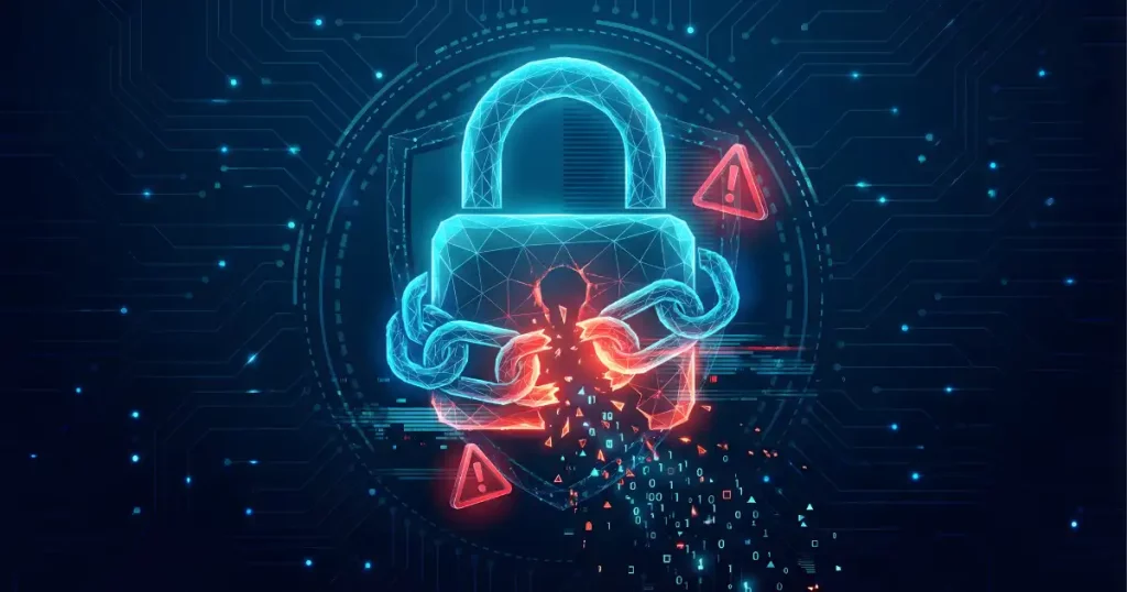 Cyber Security Breach And Data Theft Concept With Broken Digital Lock And Glowing Chain On Dark Blue Background Representing Hacker Attack System Vulnerability
