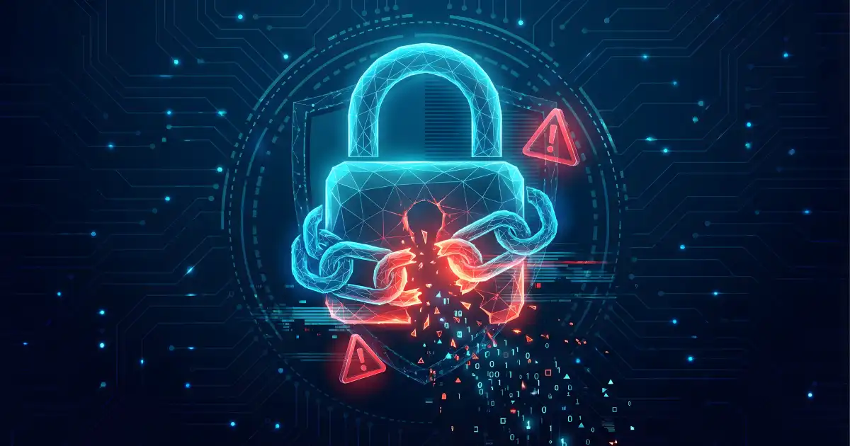 Cyber security breach and data theft concept with broken digital lock and glowing chain on dark blue background representing hacker attack system vulnerability