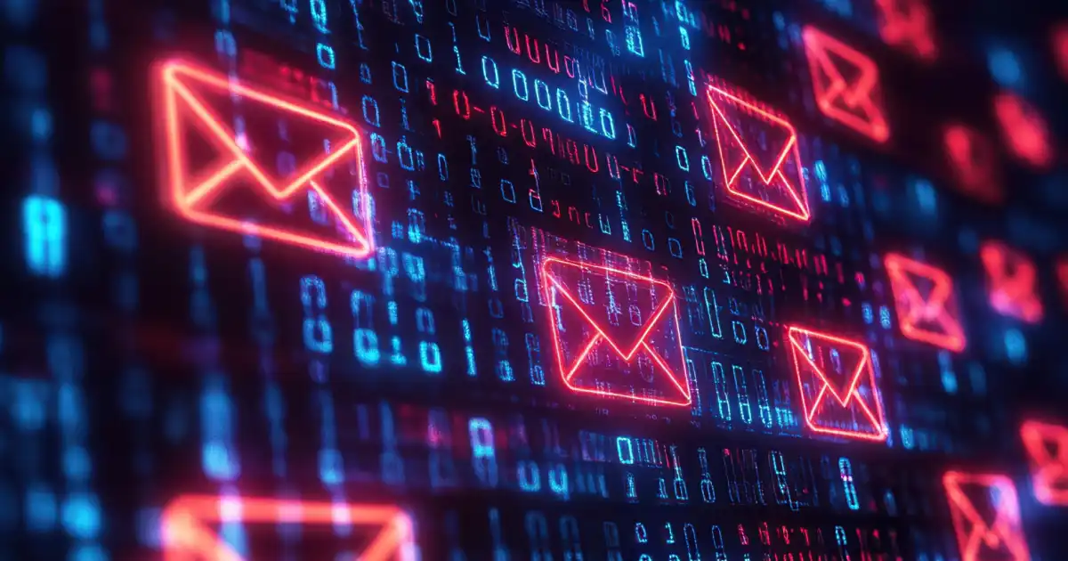 Red email envelopes on digital data in a cyber environment