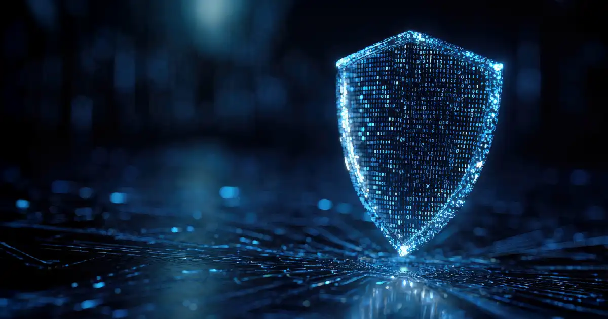 Blue digital shield made from binary code